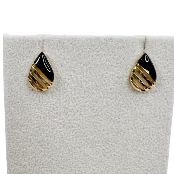 HR Stamped Gold Tone Black Enamel Teardrop Raindrop Pierced Earrings - Picture 1 of 9